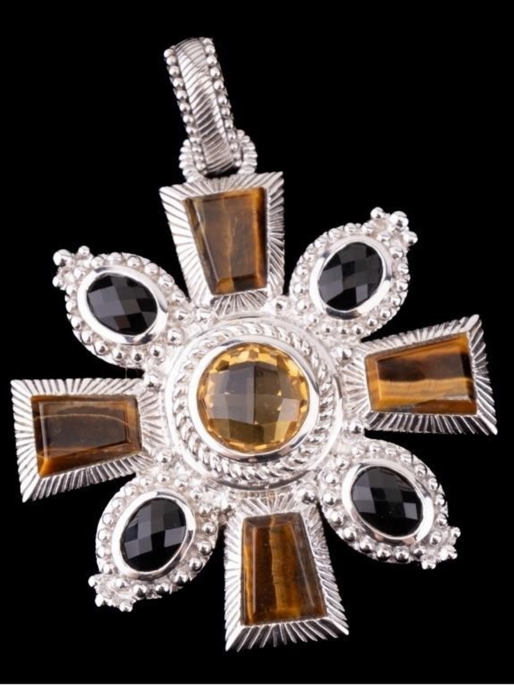Judith Ripka Sterling Citrine Tigers Eye Onyx Maltese Cross Enhancer Pendant
